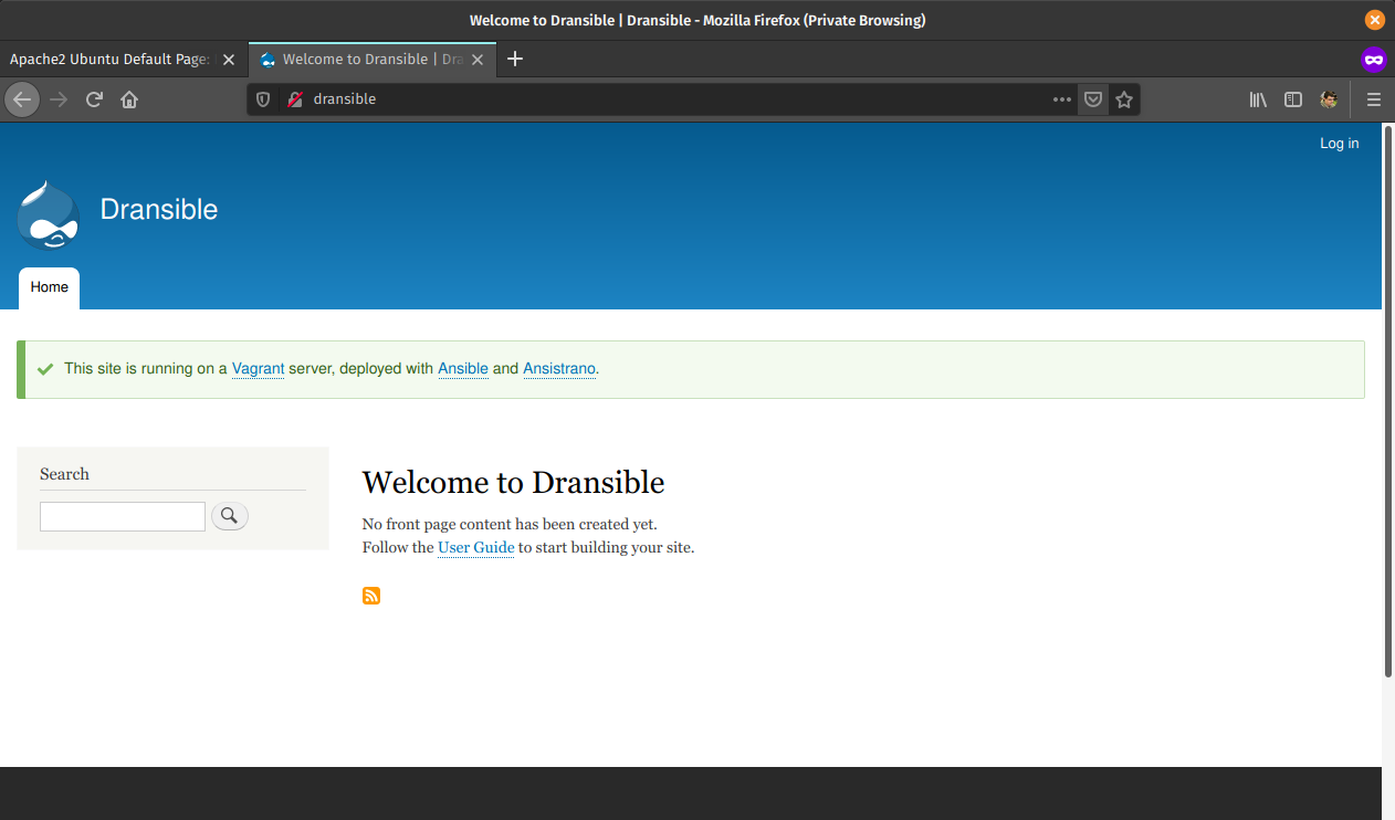 The homepage of the installed Drupal website