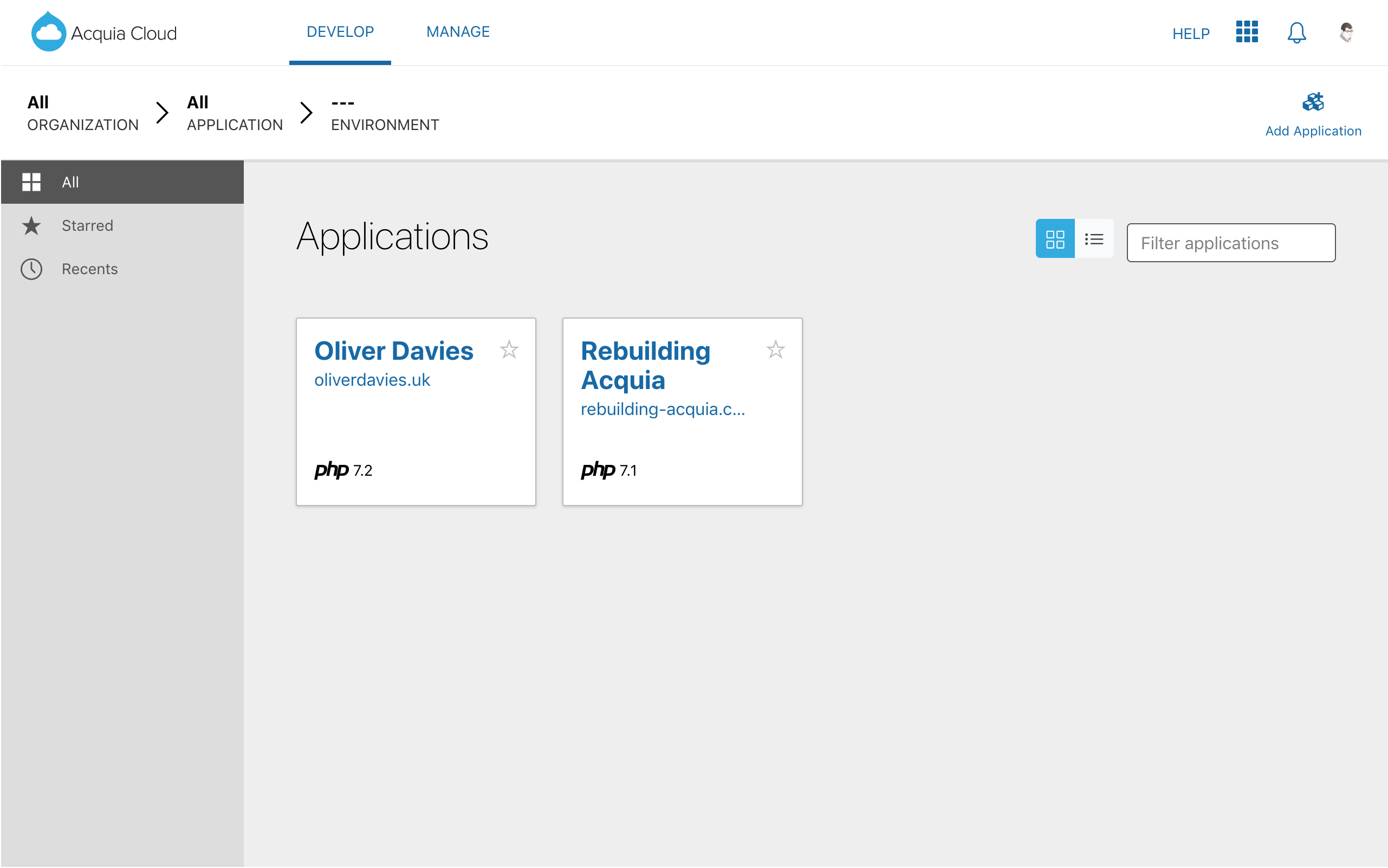 A screenshot of the applications page in the list view