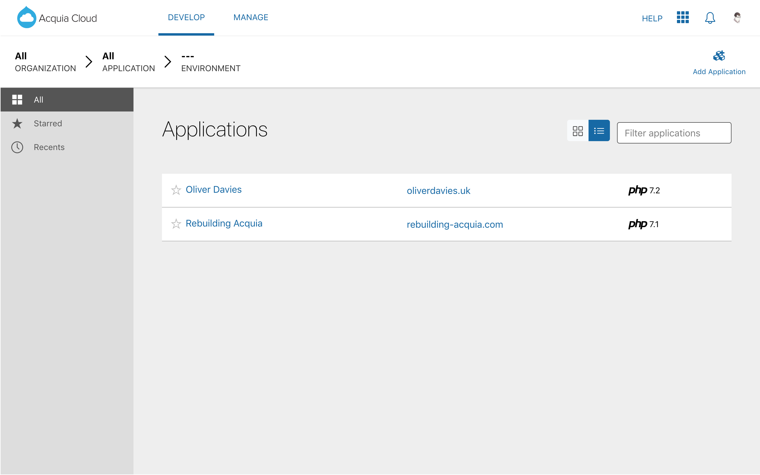 A screenshot of the applications page in the list view