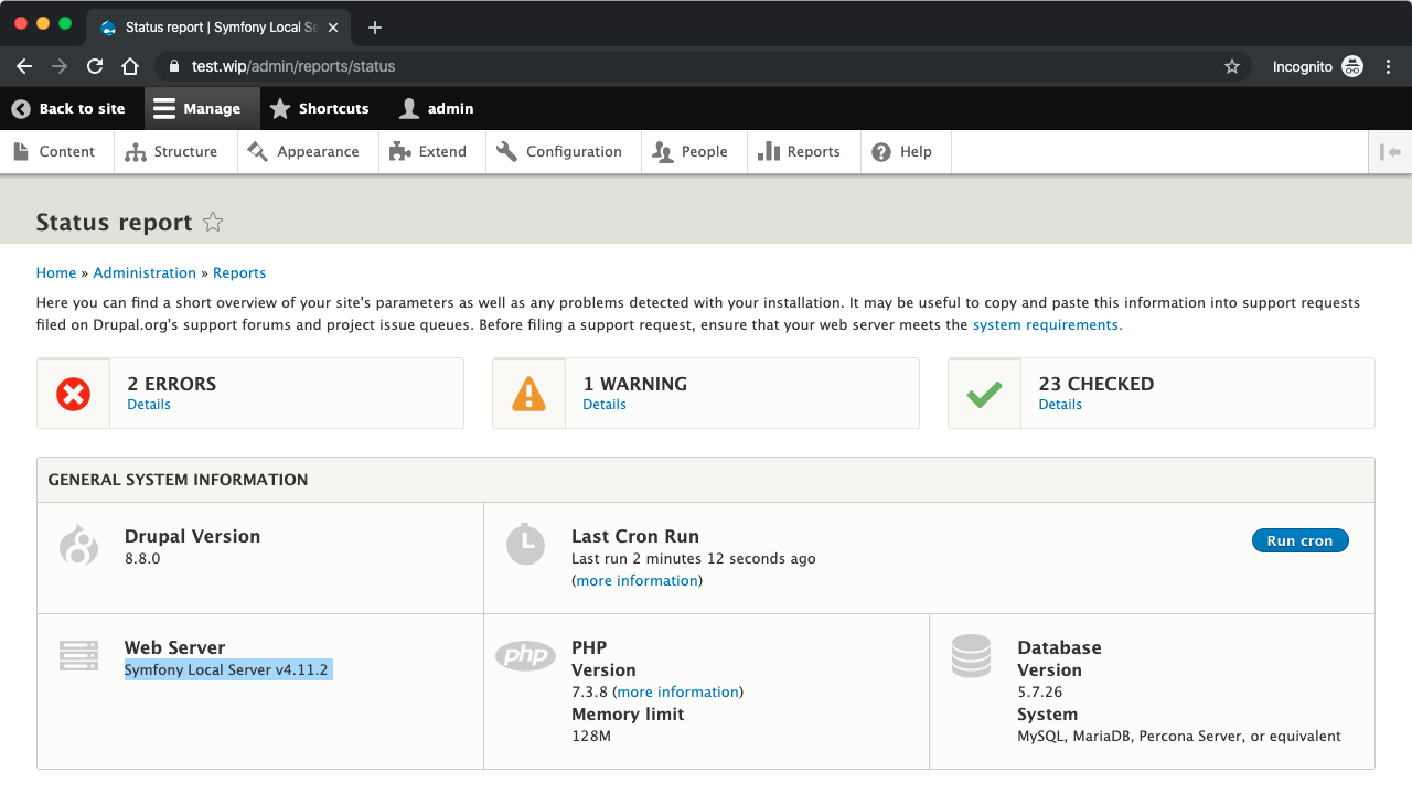 A screenshot of Drupal's status page showing Symfony Local Server